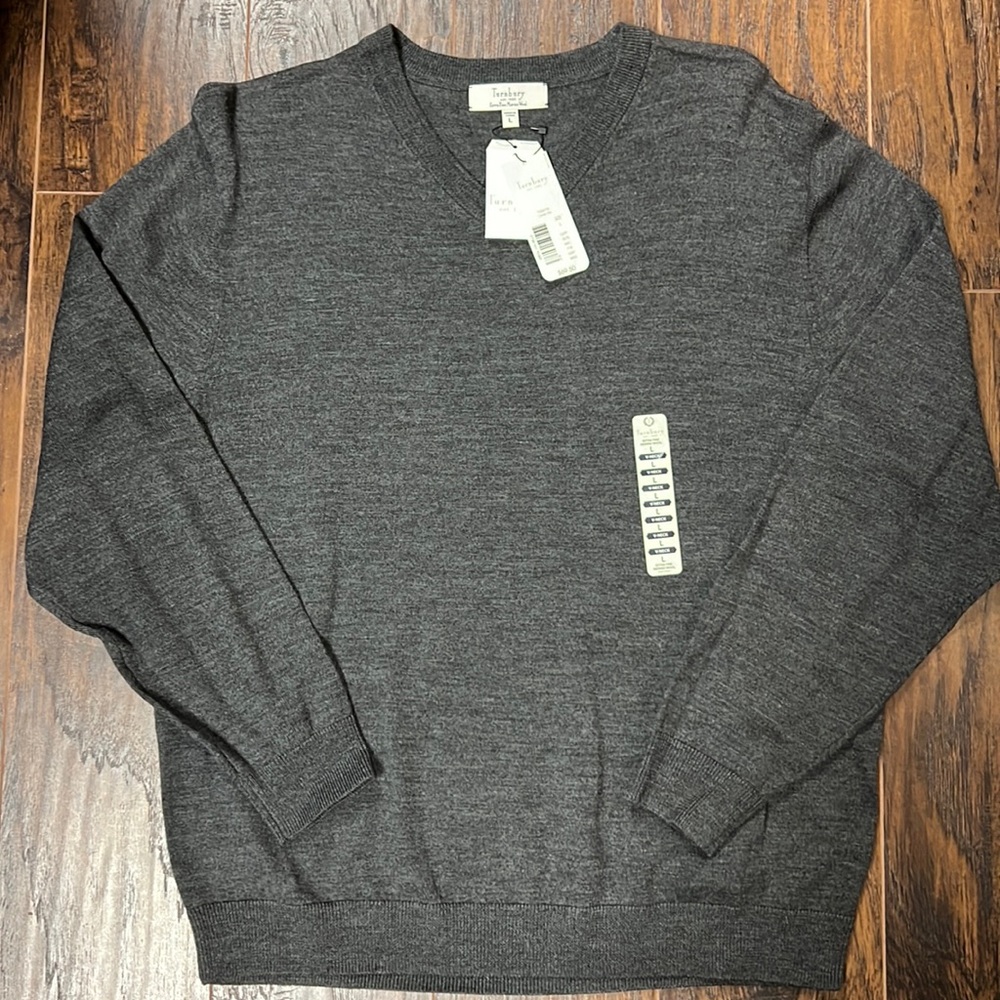 Turnbury est.1980, 100% Extra Fine Merino Wool, Lg, Char Grey, VNeck, Long Sleev